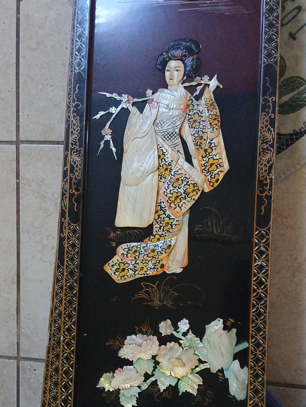 Asian-Inspired Black and Cream Geisha Wall Panel